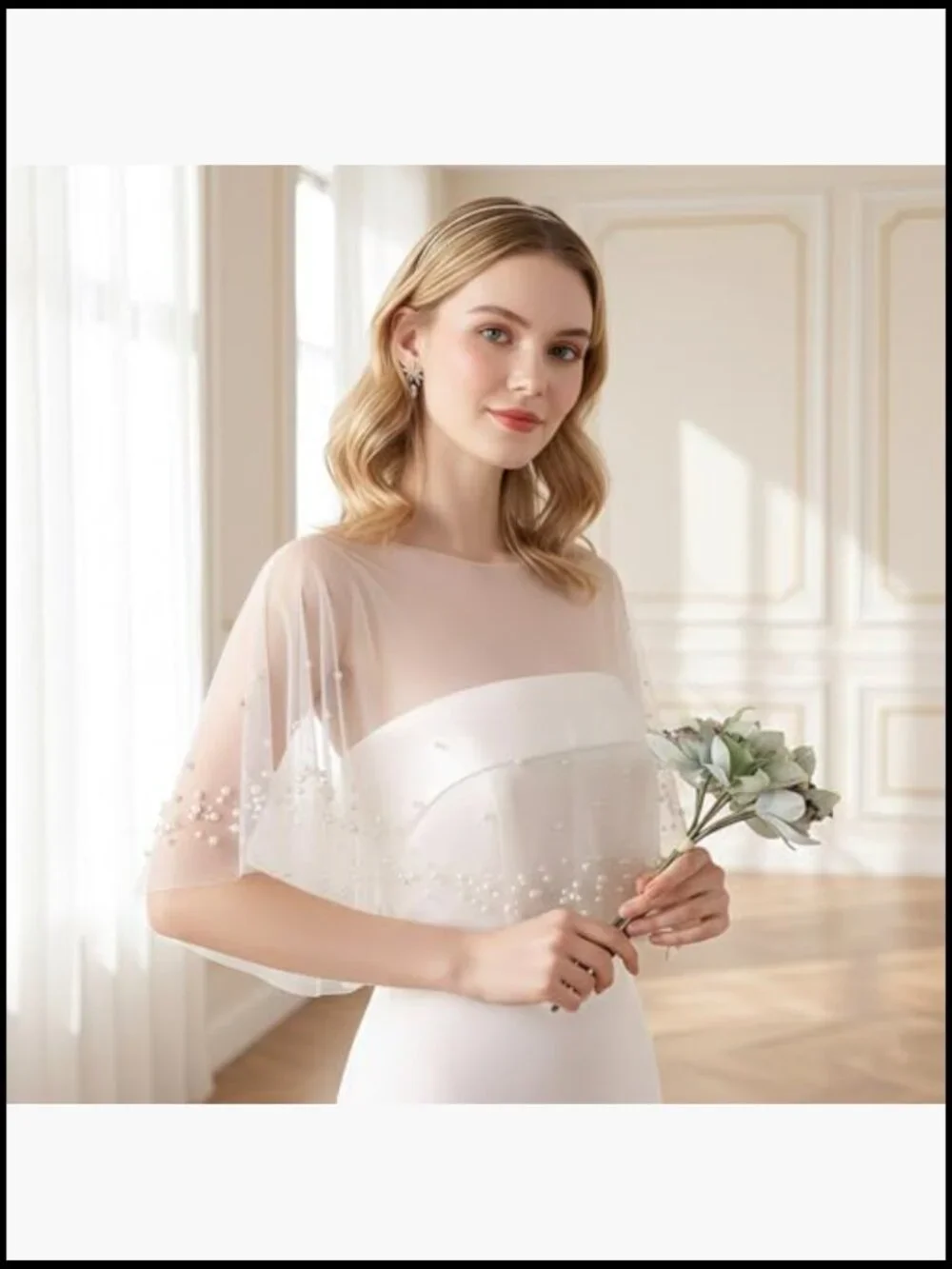 Bridal Pearl-Embellished Sheer Capelet - White